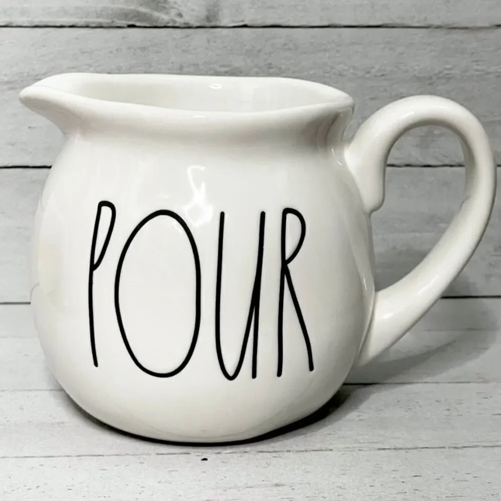NWT Gorgeous Rae Dunn White Ceramic & Black Letters POUR Ceramic Creamer Pitcher